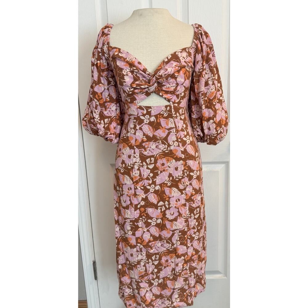 Fate Midi Dress Sz‎ Small Floral Puff Balloon Sleeve Front Cut Out Cottagecore